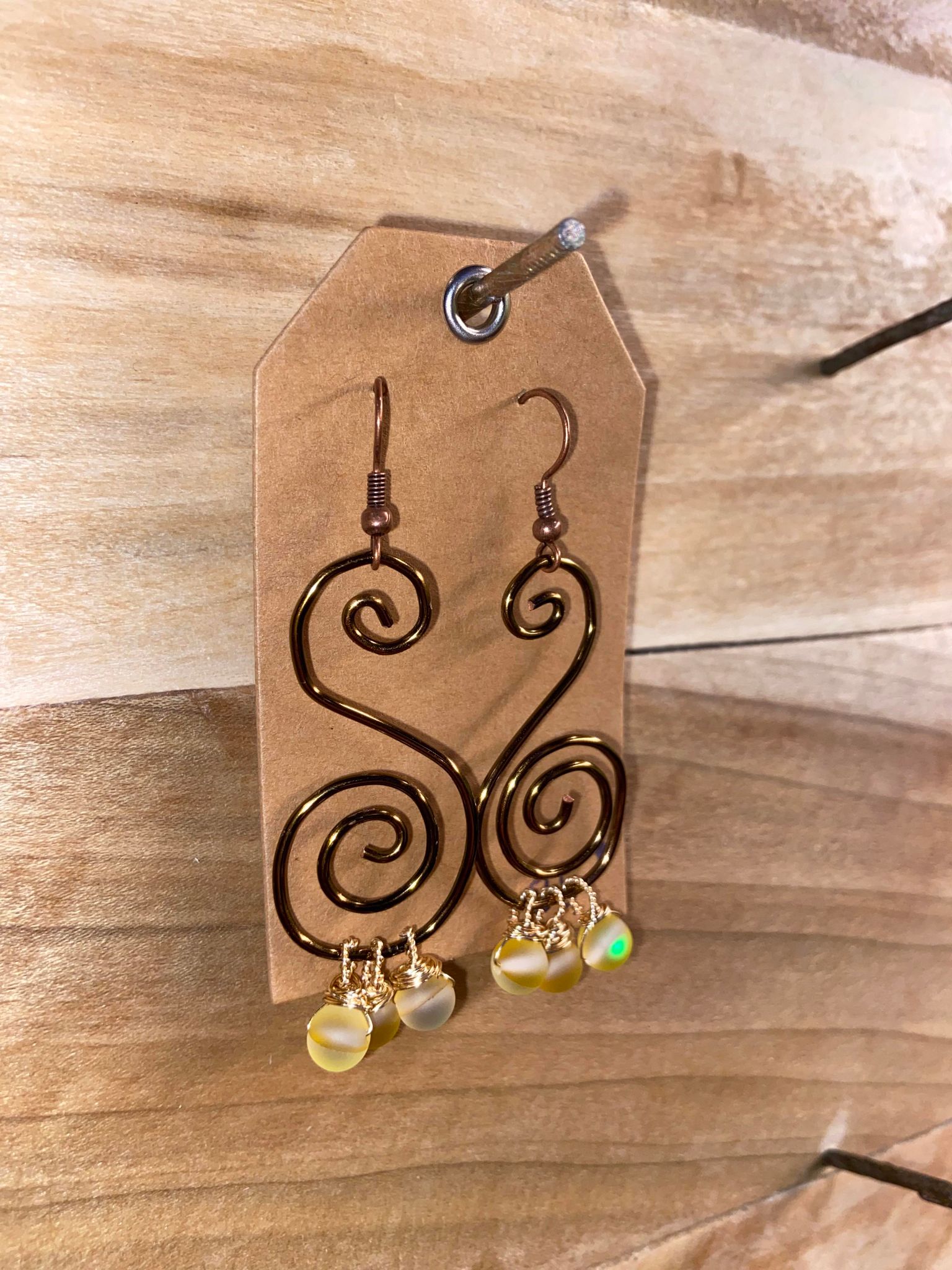 Spiral Iridescent Yellow Dangle Beaded Earrings