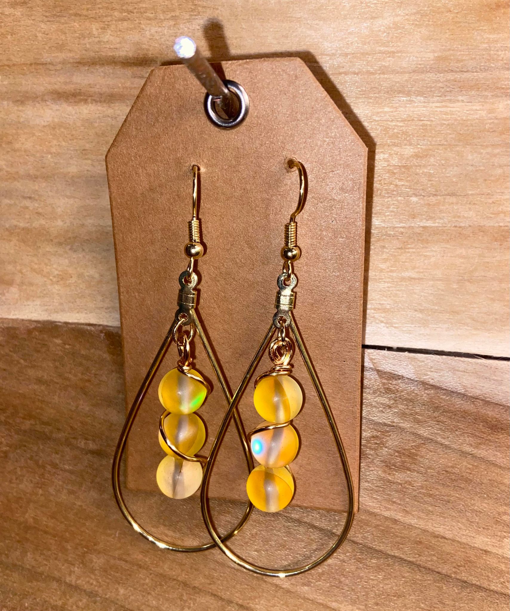 Iridescent Yellow Beaded Hoop Earrings